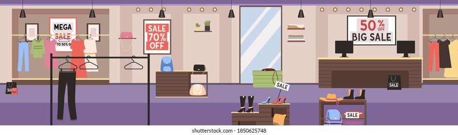 Big fashion super market. Female clothes in shopping mall. Shop or boutique during the sale. Discounts up to seventy percent. Counter with shoes. Clothes hangers and advertising posters on background