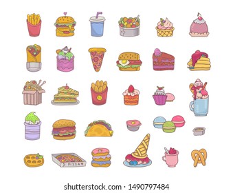 Big fast food set with fries,burger,pizza,kebab,sandwiches, salad,taco,desserts etc. Colorful cartoon style street food icons set for kids menu design,web,restaurant ,cafe decoration.Vector design