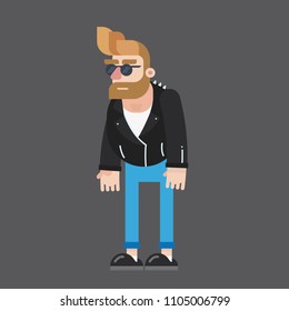 Big Fat Bearded Rocker Biker Punk Rider with Black Leather Jacket, Blue Jeans and Boots. Strong Man. Funny Flat Colorful Rounded Male Cartoon Character.
