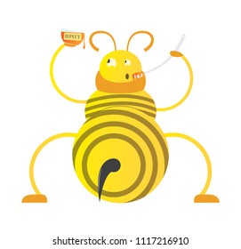 big fat bee eats honey,an insect with excess weight, cartoon character,vector image, flat design,thick insect