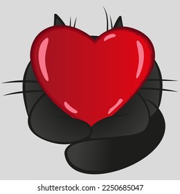 A big fat black cartoon cat holds a big red heart in its paws, hiding behind it, ears sticking out above the heart