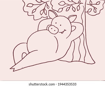 a big fat boar resting under a tree
