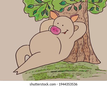 a big fat boar resting under a tree