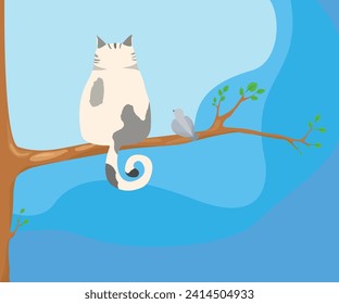 A big fat cat sits with its back on a tree branch. Nearby, a dove looks at a cat.