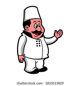 Gran Chef con uniforme y sombrero de chef, mostrando dirección con mano gesto de bienvenida. Vector de dibujos animados del chef