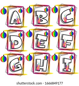 Big fat colorful alphabet set. Abcdefghi letters. Lettering type characters with ornamental rainbow balls and gradient flourish designs. Vector illustration font for cards banners tags and journals.