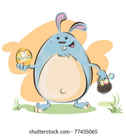Big fat Easter Bunny holding basket of eggs smiling