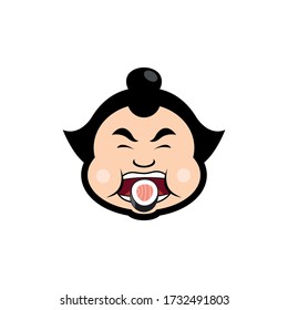 big fat funny chubby sumo wrestler eating delicious japanese sushi vector illustration design