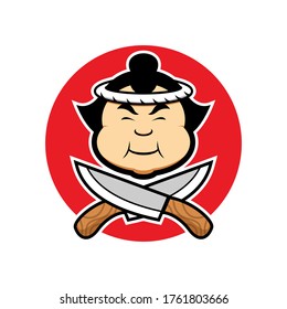 big fat funny sumo chef working as chef in modern traditional japanese restaurant vector illustration design