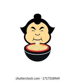 big fat funny sumo wrestler eating tasty japanese ramen noodle vector illustration design