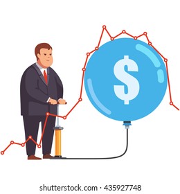 Big Fat And Greedy Corporation Business Man Pumping Up A Stock Market Bubble Under A Line Chart Graph. Market Manipulation And Fraud Concept. Flat Style Vector Illustration Clipart.