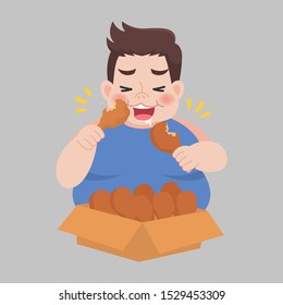 Big Fat Happy Man enjoy eat chicken drumstick, diet healthy cartoon, lose weight, Healthcare concept.