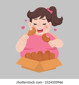 Big Fat Happy woman enjoy eat fast food, junk food, chicken drumstick, big size, diet healthy cartoon, lose weight, Lifestyle healthy Healthcare concept cartoon character flat vector design.