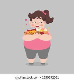 Big Fat Happy Woman Enjoy Eat Junk Food Healthcare Concept Cartoon Healthy Character Flat Vector Design.