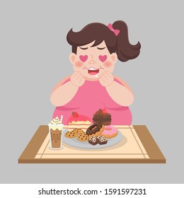 Big Fat Happy Woman Enjoy Eat Sweet Dessert, Diet Lose Weight, Healthcare Concept