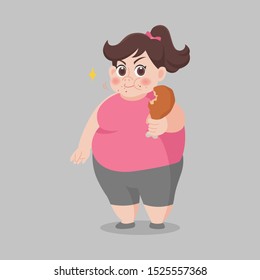Big Fat Happy woman intend to lose weight, enjoy eat fast food, junk food, chicken drumstick, big size, diet healthy cartoon, Lifestyle healthy Healthcare concept cartoon character flat vector design.