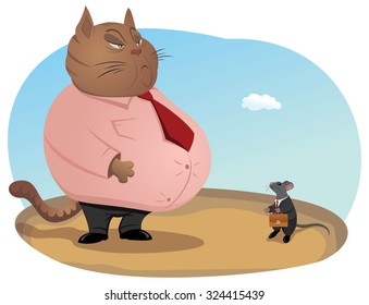 Big fat and haughty cat boss is looking at a small mouse worker with a briefcase. Mergers and acquisitions.