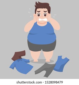 Big Fat Man cannot wearing her clothes because she is too fat,tight, fit, too small, body over weight, sad, afraid, unhappy, big size, diet  cartoon lose weight, Lifestyle healthy Healthcare concept