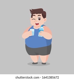 Big Fat Man drinking fresh water, more clean bottle of water, glass, good health, diet cartoon, lose weight, Lifestyle healthy Healthcare concept.