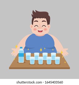 Big Fat Man drinking fresh water, more clean bottle of water, glass, good health, diet cartoon, lose weight, Lifestyle healthy Healthcare concept.