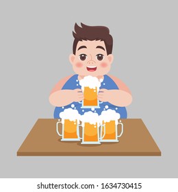 Big Fat man drinking a mug of beer, Healthcare concept, Vector illustration in a flat style.