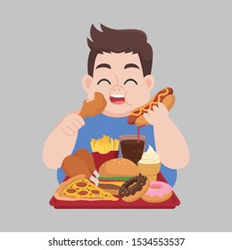 Big Fat man enjoy eat fast food, junk food, chicken drumstick, donuts, French fries, Hamburger, ice cream, hot dog, Diet cartoon Healthcare concept.