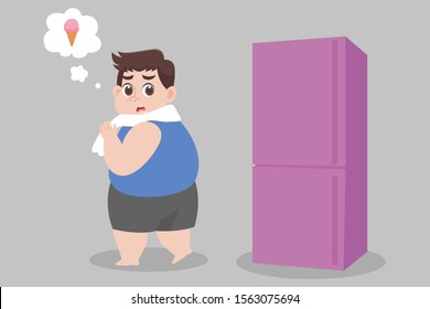 Big Fat Man hungry ice cream try to not eat looking at refrigerator Healthcare concept cartoon.