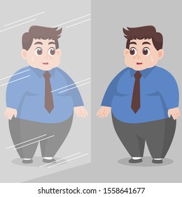 Big Fat Man looking himself in the mirror and feel worry Healthcare concept cartoon Healthy character flat vector design.