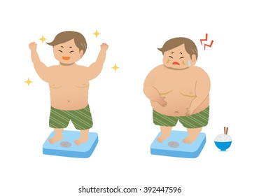 big fat man on the weighing-machine.vector art set.