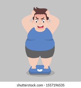 Big Fat Man standing on electronic scales for weight Body weight, shock, Healthcare concept cartoon  Healthy character flat vector design.