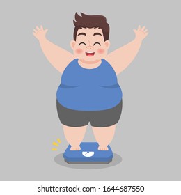 Big Fat Man standing on electronic scales celebrating and cheering a weight loss goal achievement, Healthcare concept flat vector design.