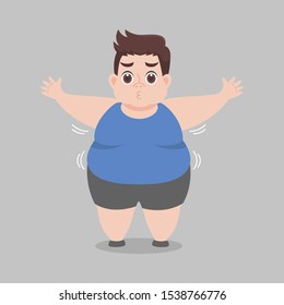 Big Fat Man worry about her body looks over weight, Lose weight Diet Healthcare concept cartoon character.