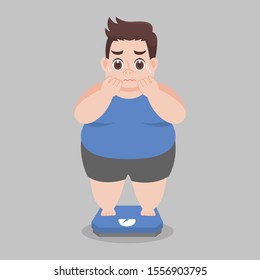 Big Fat Man worry standing on electronic scales for weight Body weight Healthcare concept cartoon  Healthy character flat vector design.