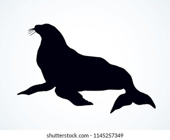 Big fat old sealion creature on cold frozen winter backdrop. Dark ink hand drawn cute fun zoo circus pet logo pictogram emblem sketchy in retro art contour etch print style on paper space for text