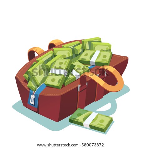 Big fat opened leather bag full of cash. Money packs falling out of it. Million dollar fortune. Lots of ten thousand dollar bundles. Flat style modern vector illustration isolated on white background.
