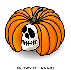 A big fat orange pumpkin cut open to reveal a smiling skull.
