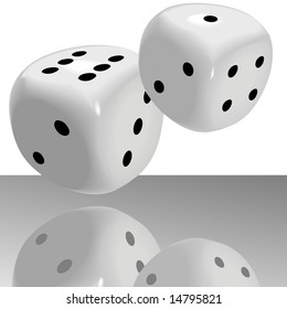 A big fat pair of glossy dice roll lucky seven 7 over a shiny casino floor with reflection.