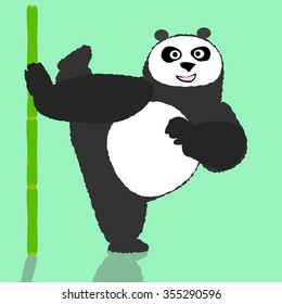 Big fat panda bear stretching with bamboo stick