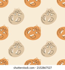 Big fat red and beige cats lie on their backs. Seamless pattern. Vector, cartoon style, flat design.