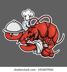 Big Fat Red Lobster mit Kochmütze und Schnurrbart, die Lappen und Armtuch als Butler tragen, am besten für Maskottchen oder Logo für Meeresfrüchte kulinarische Tätigkeit