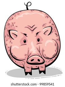 Big fat round pink pig standing, looking surprised
