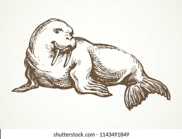 Big fat sealion creature on cold frozen winter backdrop. Dark grey outline ink hand drawn cute funny zoo circus pet logo pictogram emblem sketchy in retro art doodle etch style on paper space for text