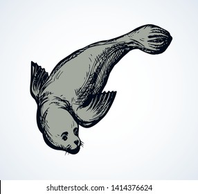 Big fat sealion creature on cold frozen winter backdrop. Dark grey outline ink hand drawn cute fun zoo circus pet logo pictogram emblem sketchy in retro art doodle etch style on paper space for text