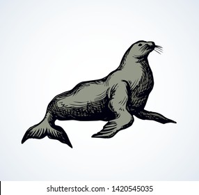 Big fat sealion creature on cold frozen winter backdrop. Dark grey outline ink hand drawn cute fun zoo circus pet logo pictogram emblem sketchy in retro art doodle etch style on paper space for text