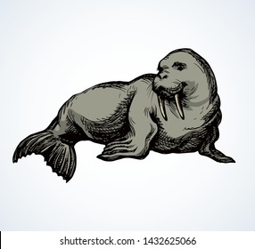 Big fat sealion creature on cold frozen winter backdrop. Dark grey outline ink hand drawn cute funny zoo circus pet logo pictogram emblem sketchy in retro art doodle etch style on paper space for text