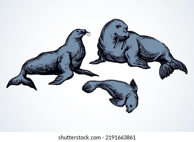 Big fat sealion creature on cold frozen winter backdrop. Dark grey outline ink hand drawn cute fun zoo circus pet logo pictogram emblem sketchy in retro art doodle etch style on paper space for text