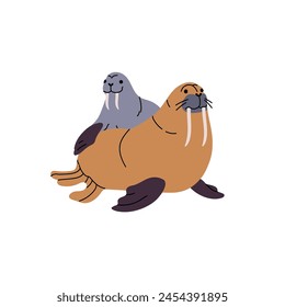 Big fat walruses. Cute seals with tusks, whiskers, flippers. Arctic pinniped animals, polar marine mammals. Wild pair of north ocean inhabitant. Flat isolated vector illustration on white background