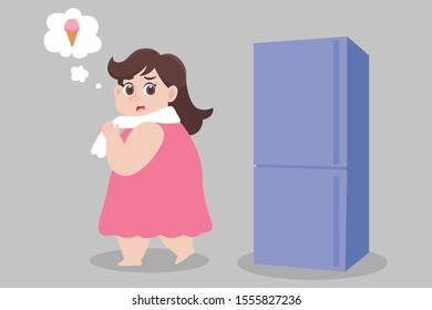 Big Fat woman hungry ice cream try to not eat, looking at refrigerator Healthcare concept cartoon.