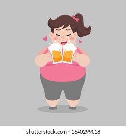 Big Fat woman love drinking a mug of beer, Healthcare concept, Vector illustration in a flat style.