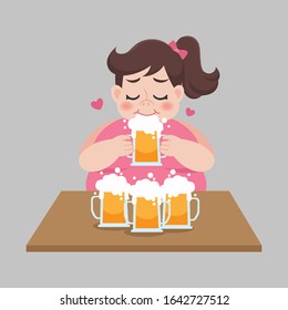 Big Fat woman loves drinking a mug of beer, Healthcare concept, Vector illustration in a flat style.